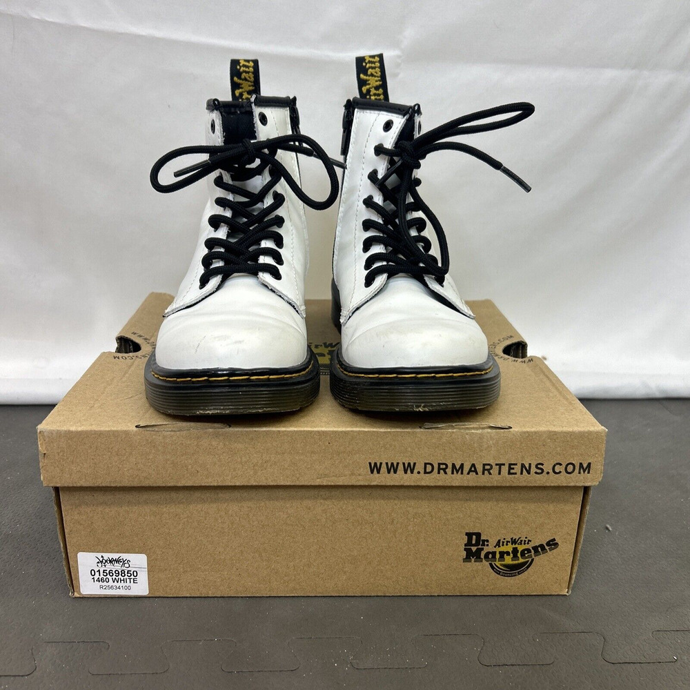 Dr. Martens 1460J Boots Youth Size 3 White Leather Lace Up Side Zip Romario FS